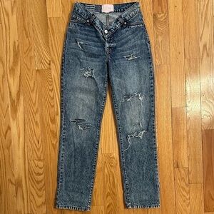 Revice denim jeans distressed V dip waist low rise Sz 26 straight relaxed ripped